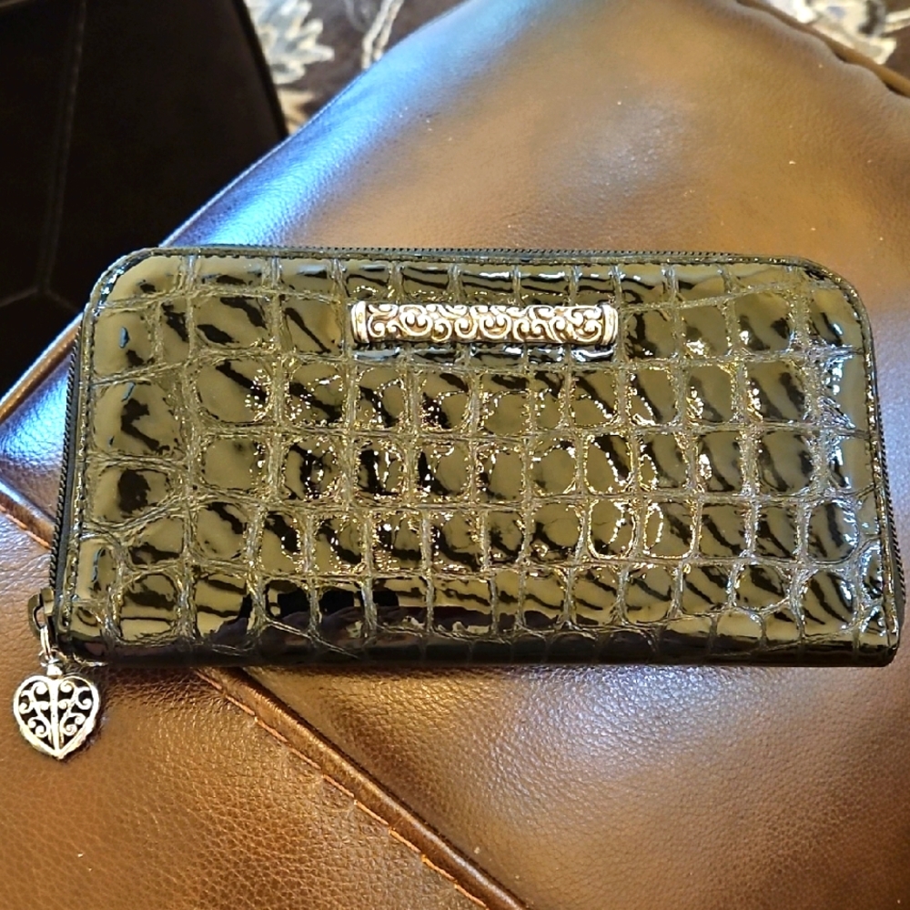 Glossy Black Croc Embossed Wallet with Heart Charm